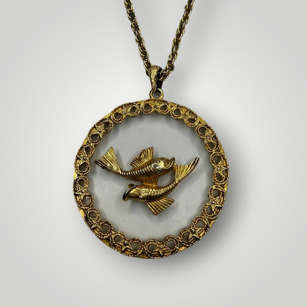 Vintage Goldtone Pisces Pendant Necklace:
Lucite Zodiac Jewelry